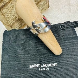 EUC Unisex Yves Saint Laurent YSL Silver-Toned Logo Wrap Ring